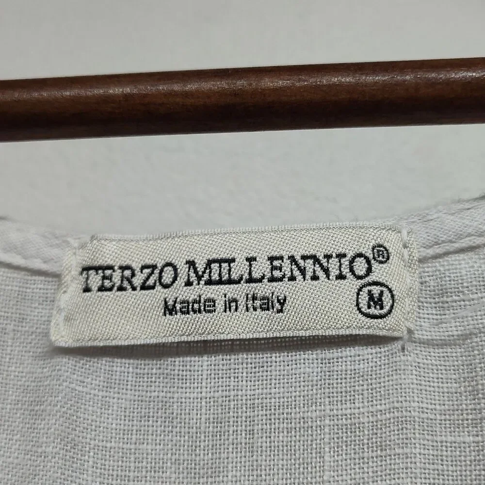 Terzo Millennio Linen Top Women Size M Cream Short Sleeve Bohemian Casual Italy - Picture 6 of 7